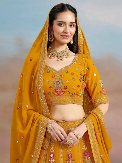 Pretty Yellow Thread Embroidered Georgette Haldi Wear Lehenga Choli - Zeel Clothing