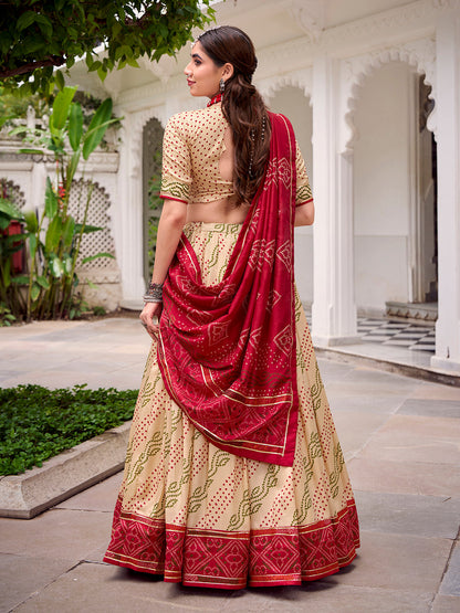 Off White Color Bandhej Print With Gotta Patti Lace Tasar Silk Lehenga Choli
