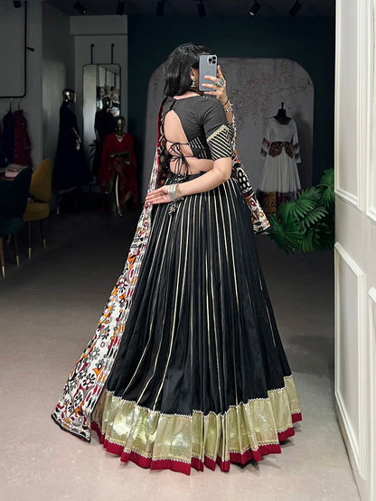 Black Color Zari Weaving Work With Embossed Design Chanderi Lehenga Choli