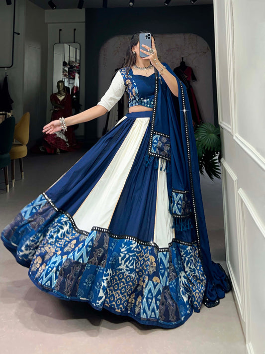 Blue Color Plain And Printed With Paper Mirror Work Rayon Lehenga Choli