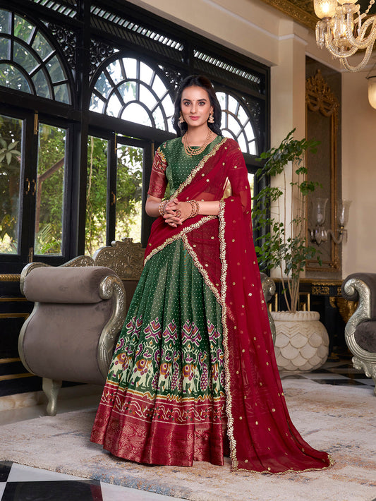Green Color Printed With Zari Weaving Work Kanchipuram Lehenga Choli