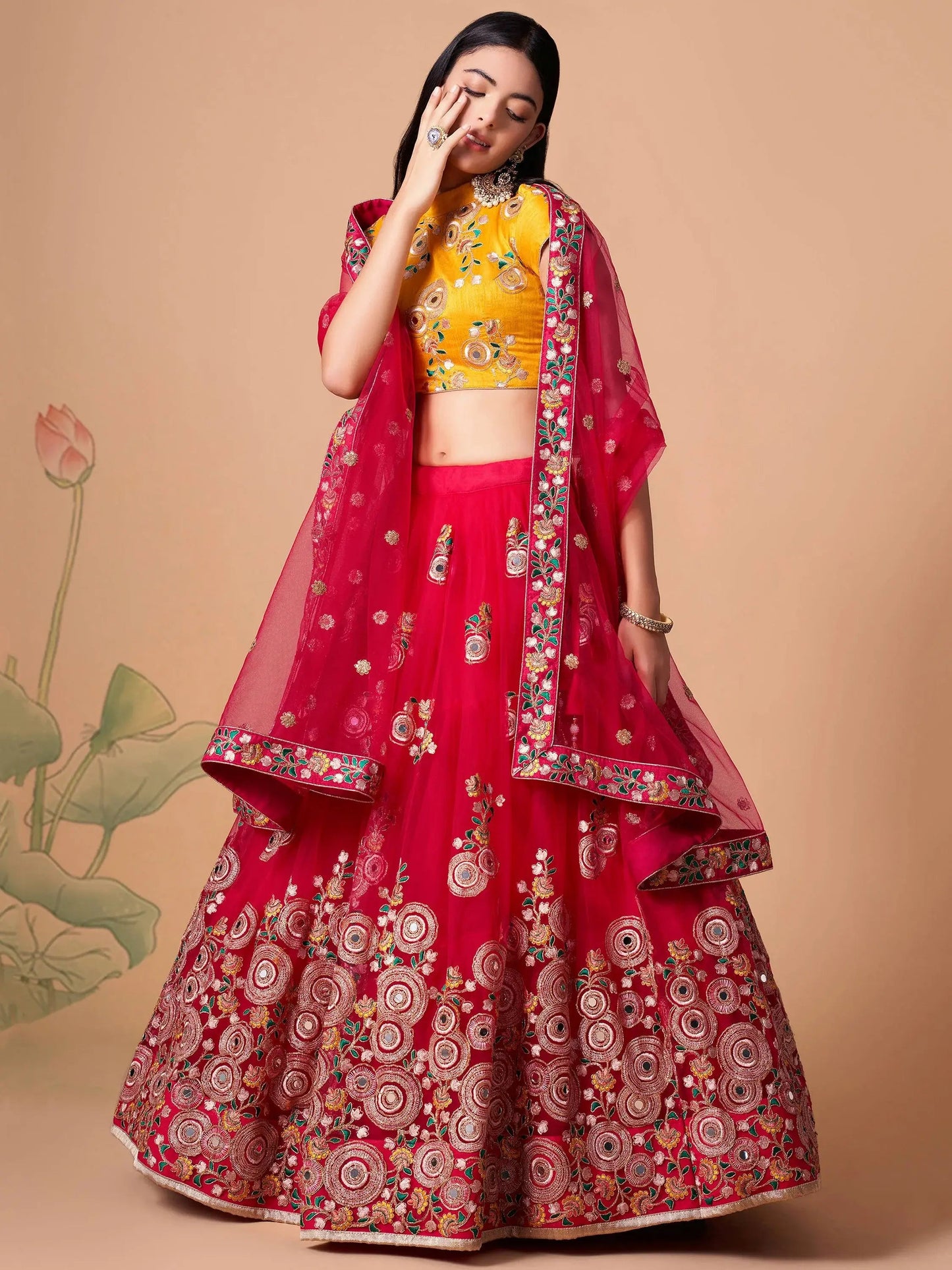 Prodigious Hot Pink Mirror Work Net Wedding Wear Lehenga Choli - Zeel Clothing