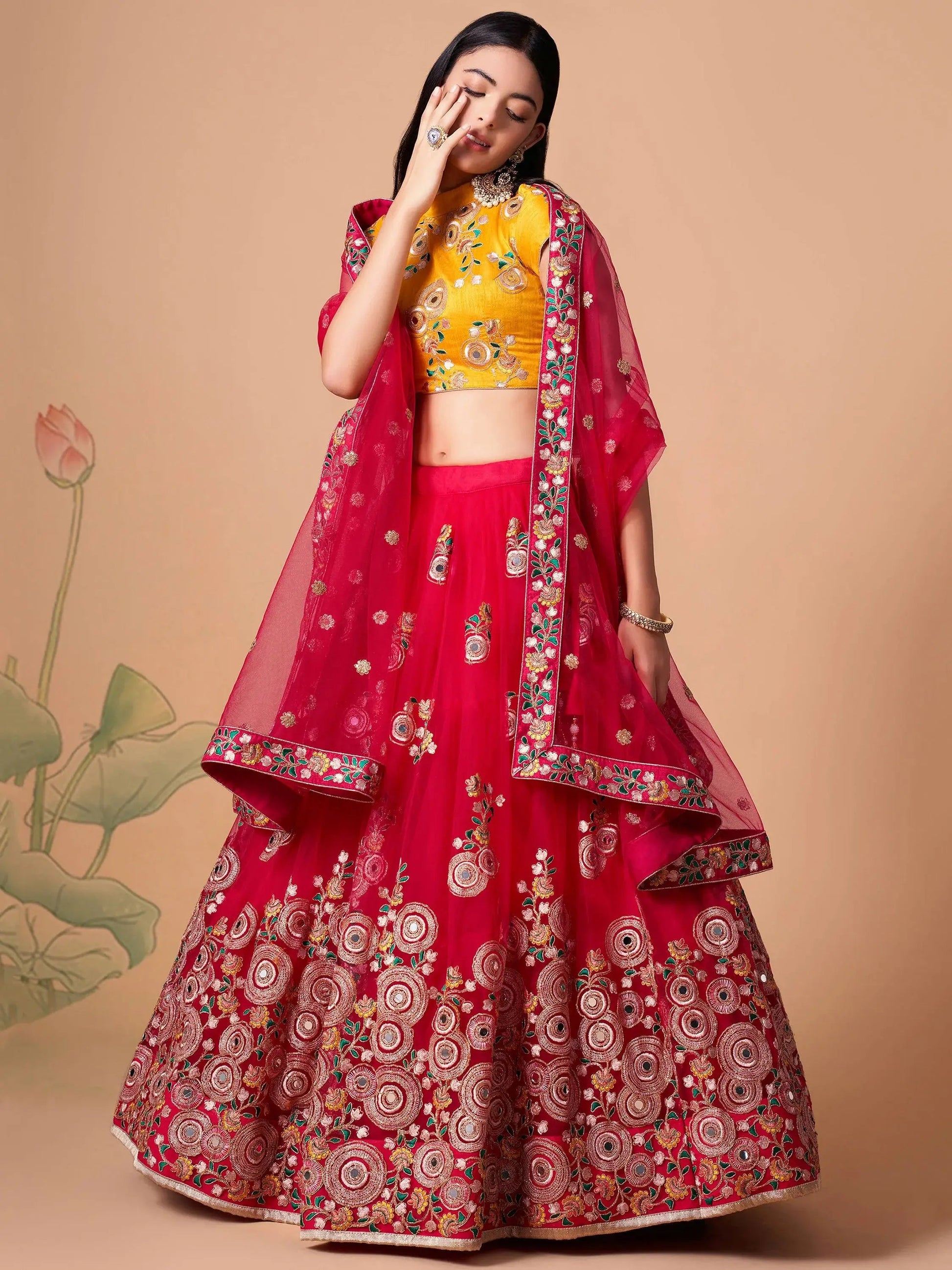 Prodigious Hot Pink Mirror Work Net Wedding Wear Lehenga Choli - Zeel Clothing
