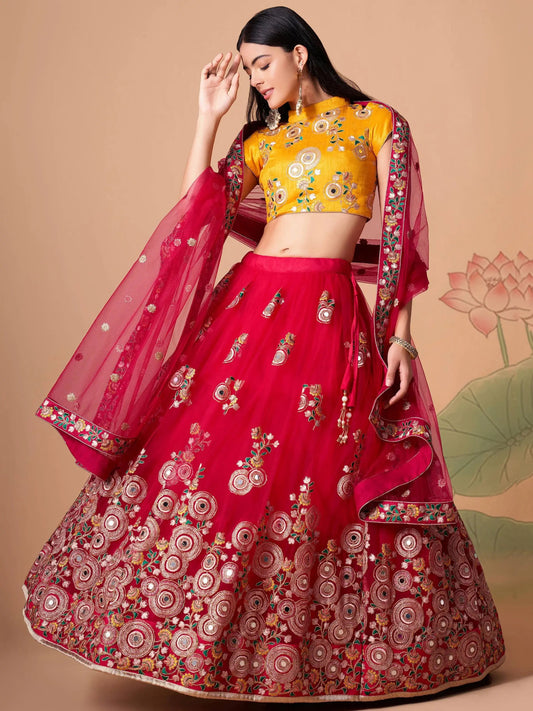 Prodigious Hot Pink Mirror Work Net Wedding Wear Lehenga Choli - Zeel Clothing