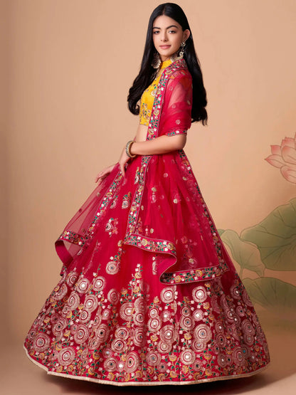 Prodigious Hot Pink Mirror Work Net Wedding Wear Lehenga Choli - Zeel Clothing