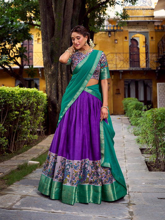 Pruple Color Printed With Zari Weaving Work Astha Silk Lehenga Choli