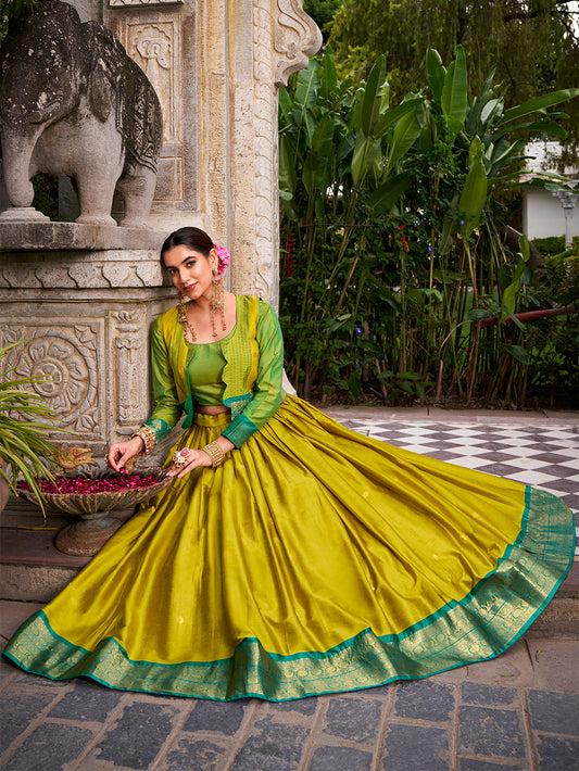 Parrot Color Zari Weaving Work Poly Cotton Lehenga Choli