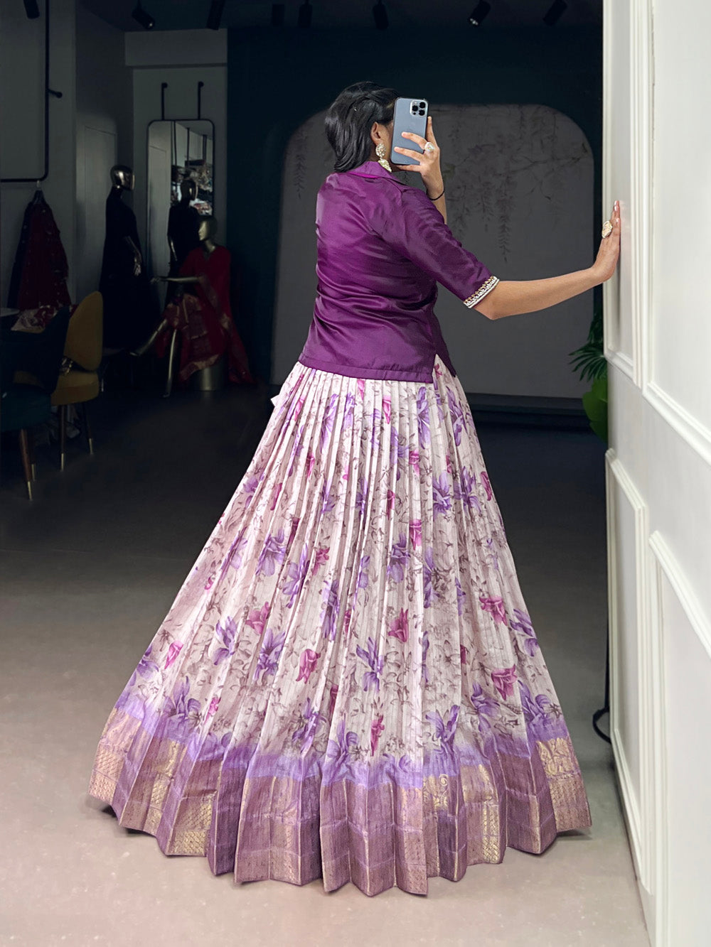 Purple Color Floral Print With Zari Weaving Work Dola Chex Co-Ord Set