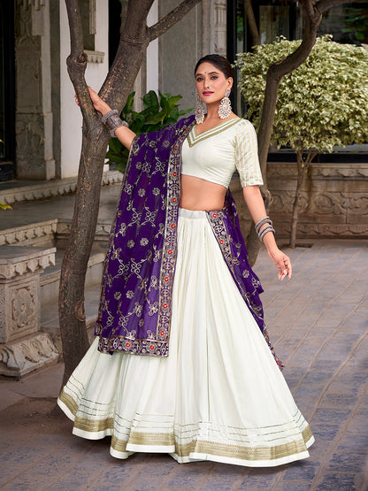 White Color Zari Weaving Work With Lace Touch Up Rayon Lehenga choli