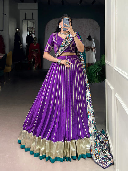 Purple Color Zari Weaving Work With Embossed Design Chanderi Lehenga Choli
