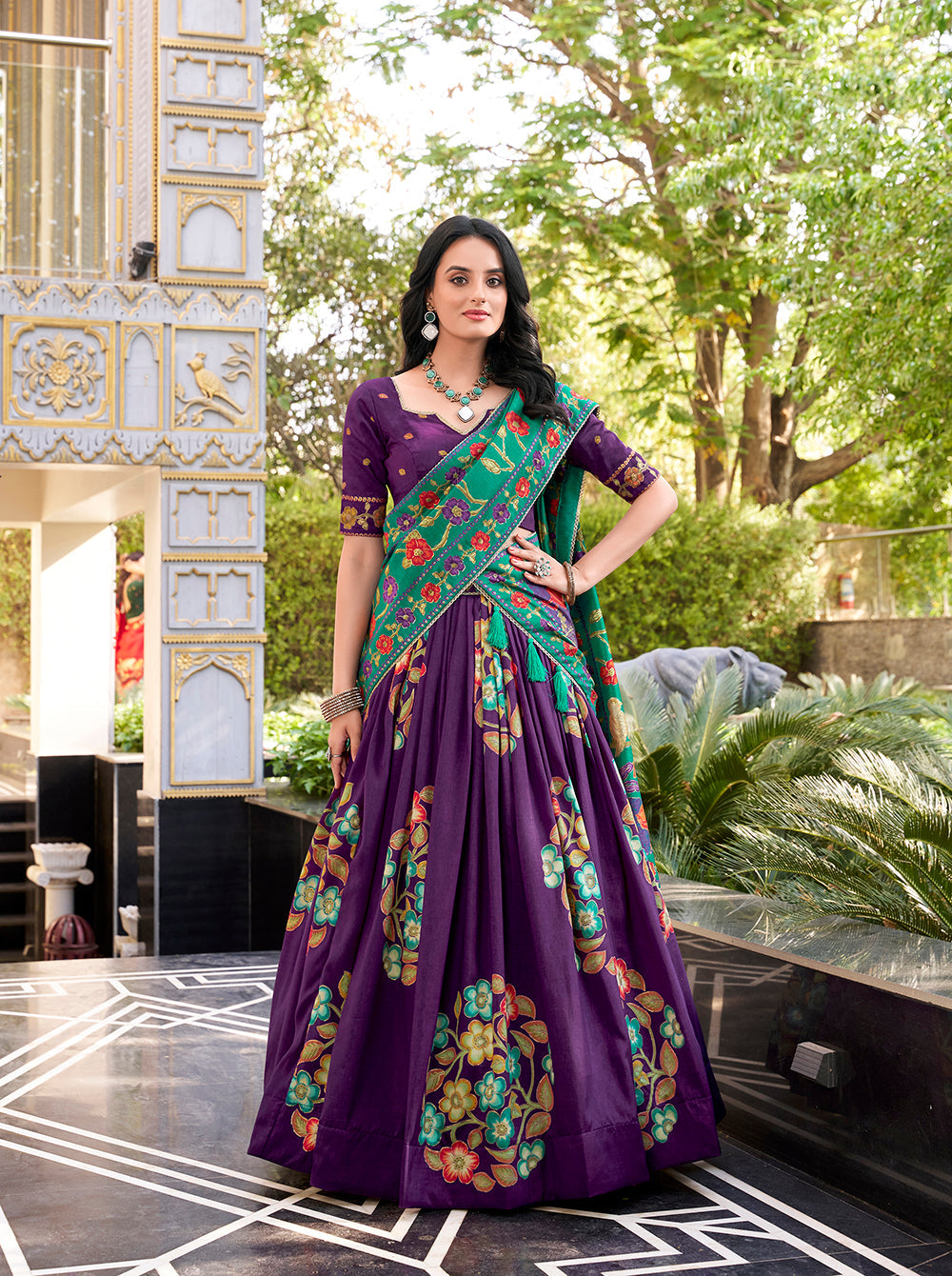 Purple Color Printed And Foil Work Tussar Silk Lehenga Choli