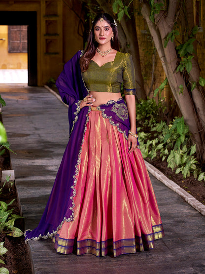 Purple Color Sequince And Thread Embroidery Work Kanchipuram Lehenga Choli