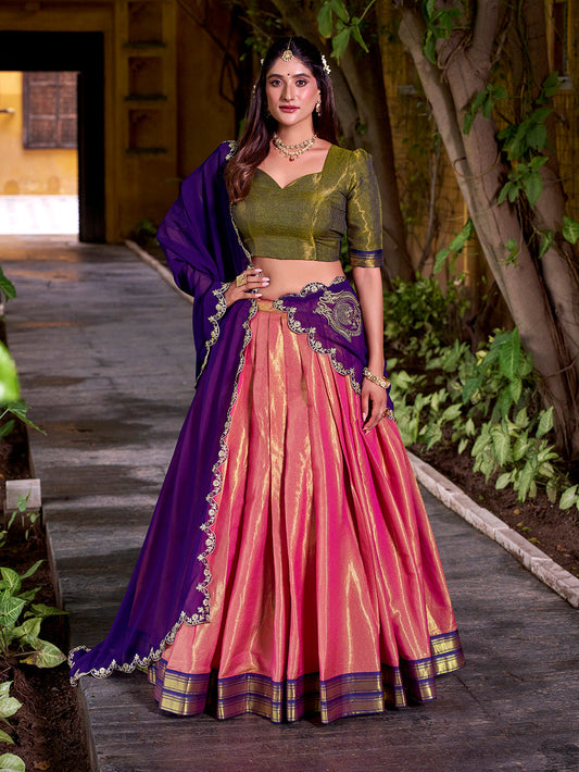 Purple Color Sequince And Thread Embroidery Work Kanchipuram Lehenga Choli