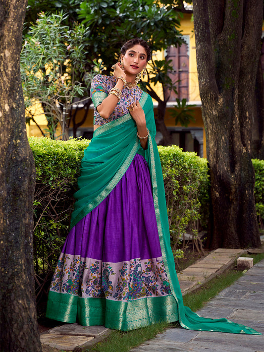 Pruple Color Printed With Zari Weaving Work Astha Silk Lehenga Choli