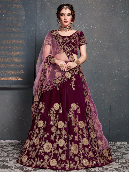 Purple Embroidered Velvet Bridal Lehenga Choli - Zeel Clothing