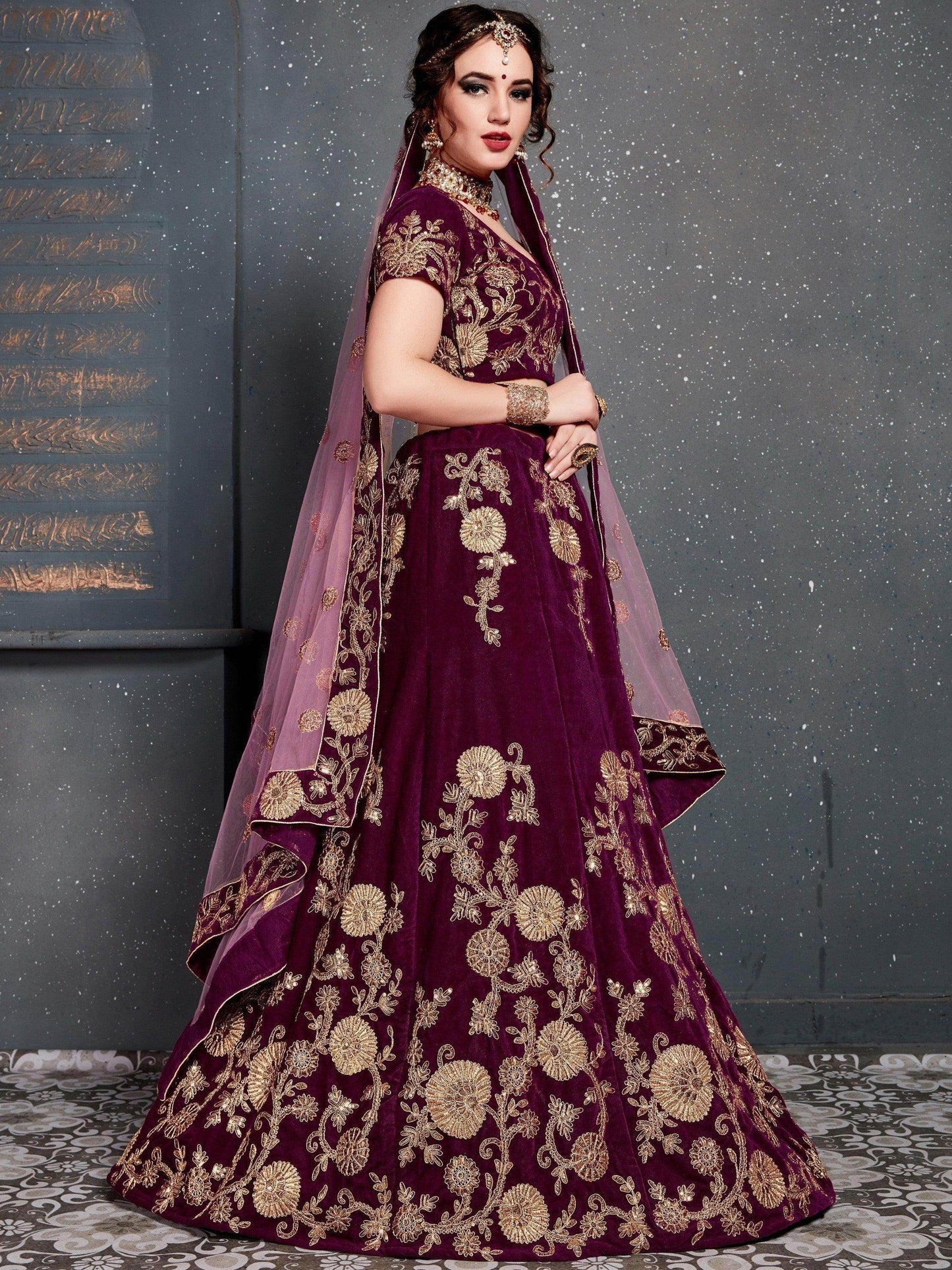 Purple Embroidered Velvet Bridal Lehenga Choli - Zeel Clothing