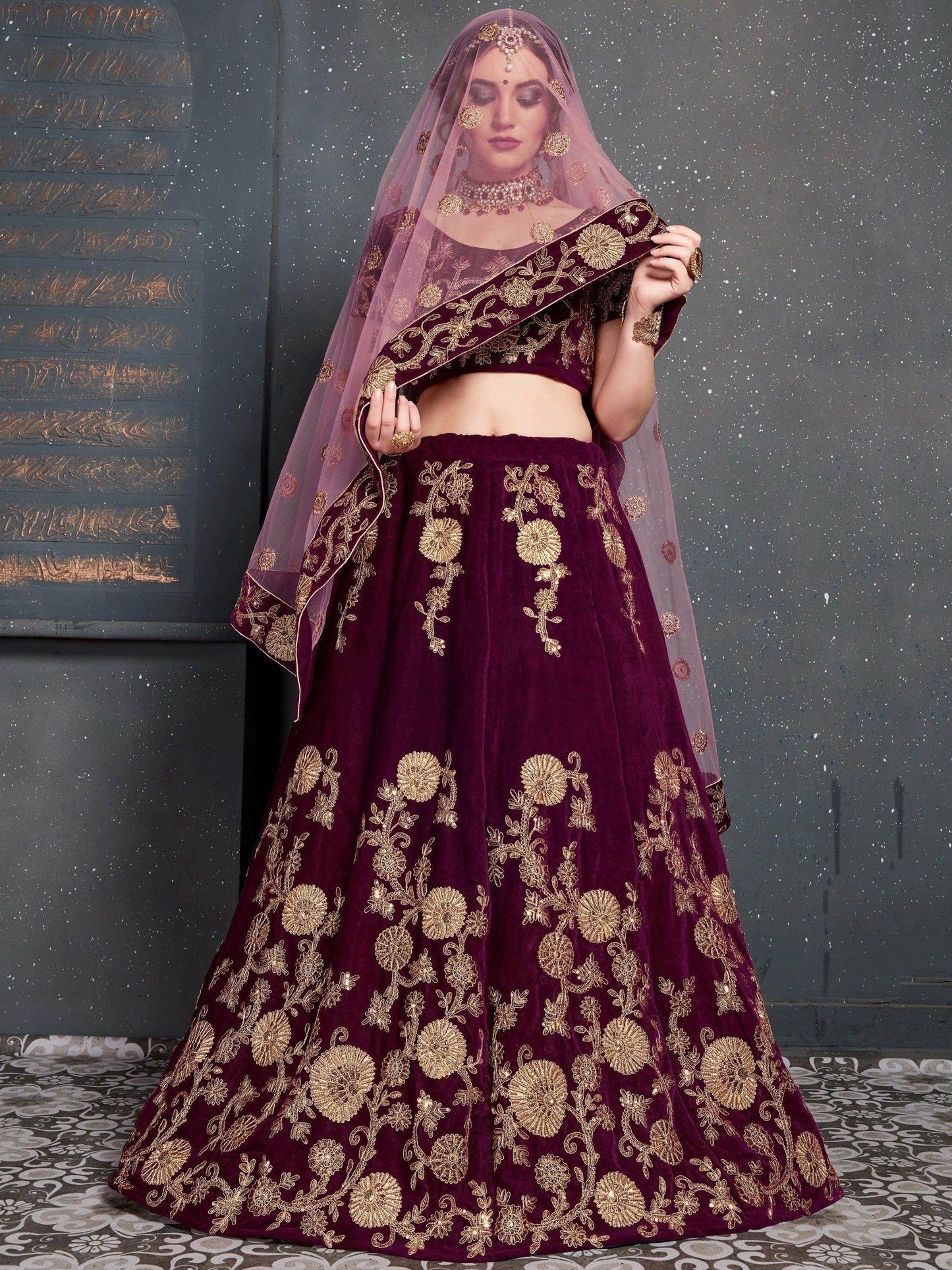 Purple Embroidered Velvet Bridal Lehenga Choli - Zeel Clothing