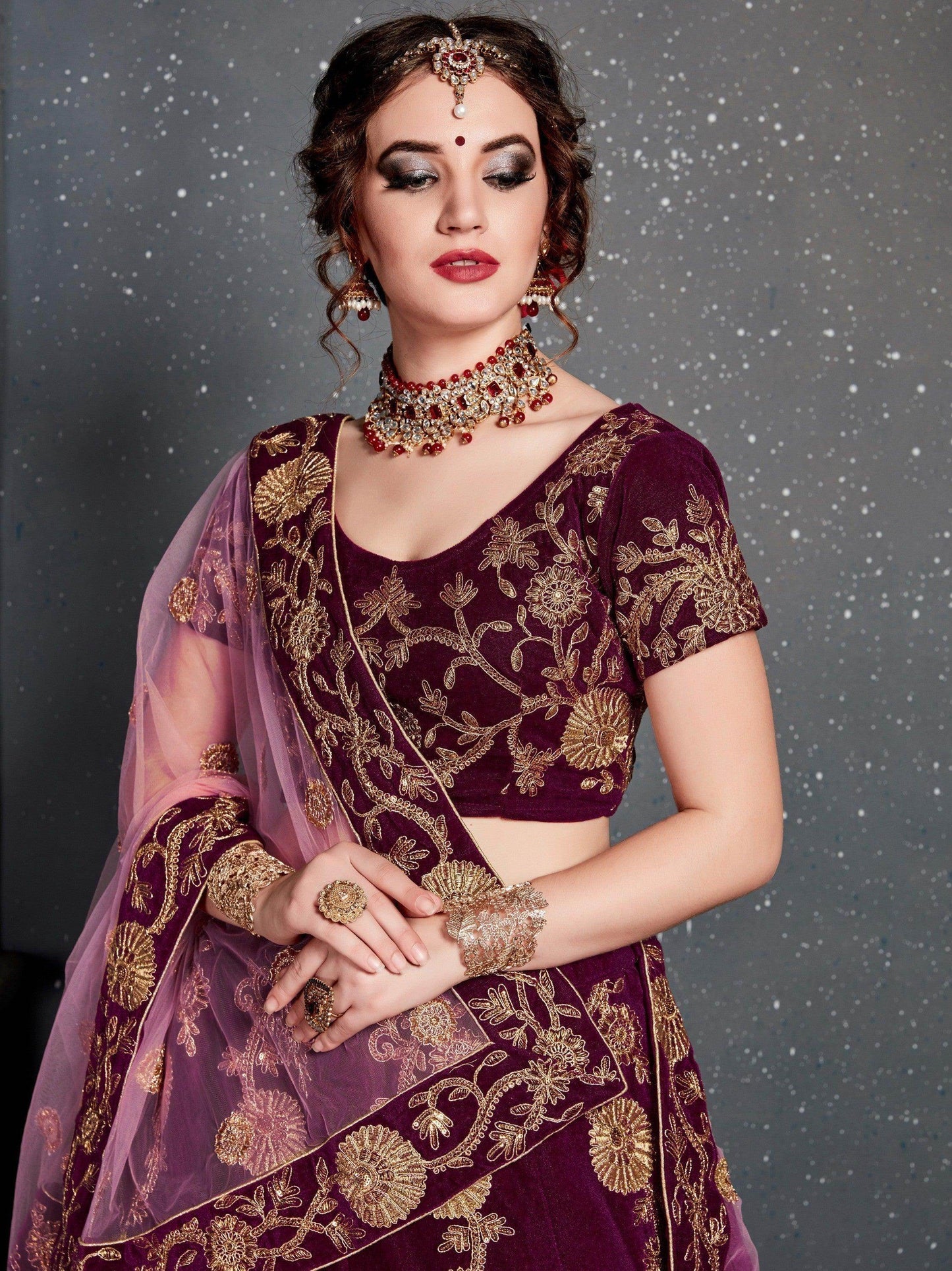 Purple Embroidered Velvet Bridal Lehenga Choli - Zeel Clothing