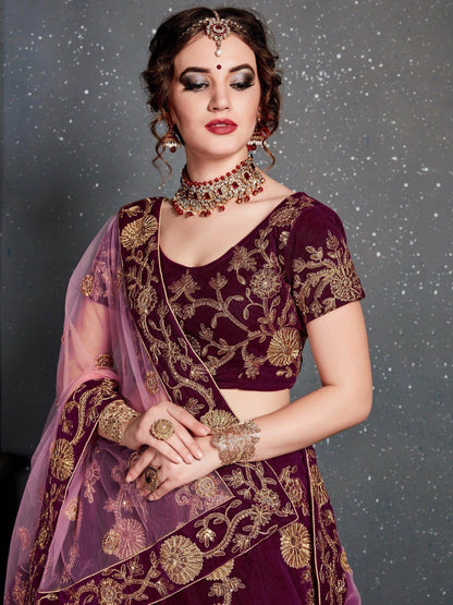 Purple Embroidered Velvet Bridal Lehenga Choli - Zeel Clothing