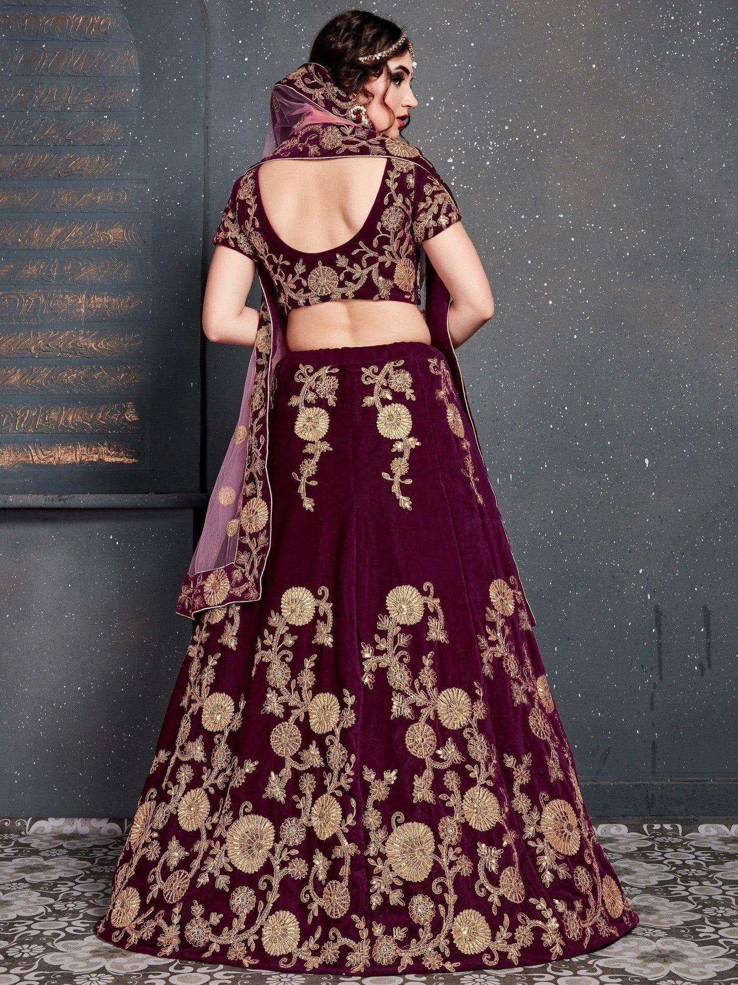 Purple Embroidered Velvet Bridal Lehenga Choli - Zeel Clothing
