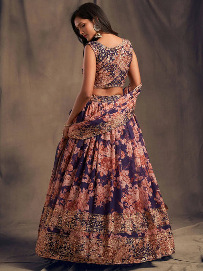 Purple Floral Printed Organza Festival Lehenga Choli - Zeel Clothing