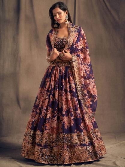 Purple Floral Printed Organza Festival Lehenga Choli - Zeel Clothing