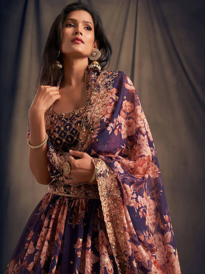 Purple Floral Printed Organza Festival Lehenga Choli - Zeel Clothing