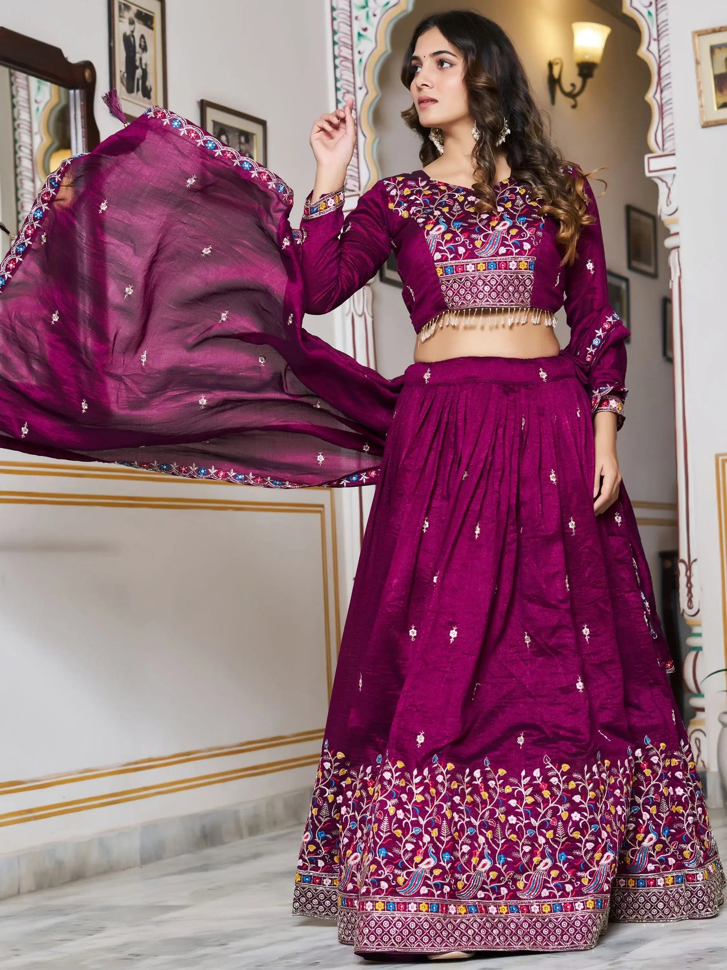 Regal Purple Thread Work Silk Festive Wear Lehenga Choli With Dupatta