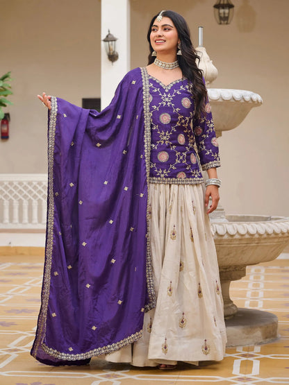 Attractive Beige Sequins Tissue Wedding Wear Lehenga With Long Choli