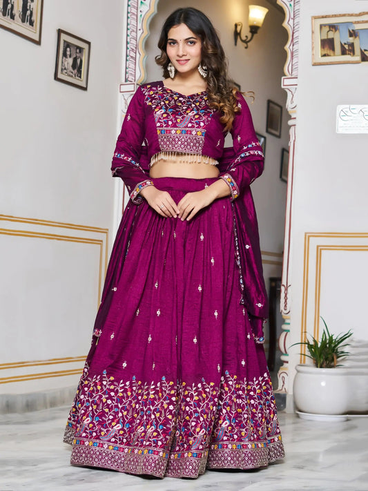 Regal Purple Thread Work Silk Festive Wear Lehenga Choli With Dupatta
