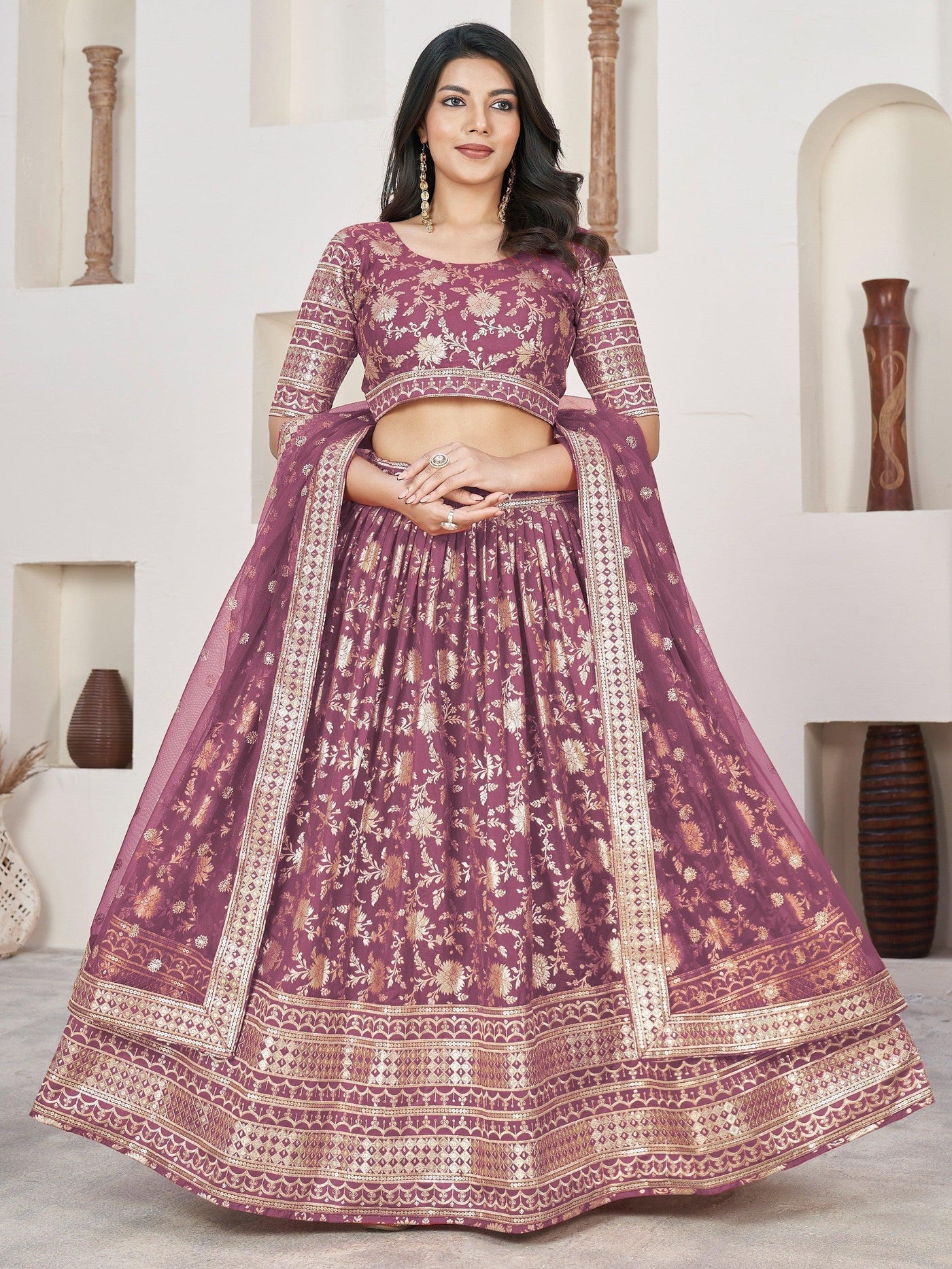 Adorable Purple Zari Work Jacquard Lehenga Choli With Dupatta