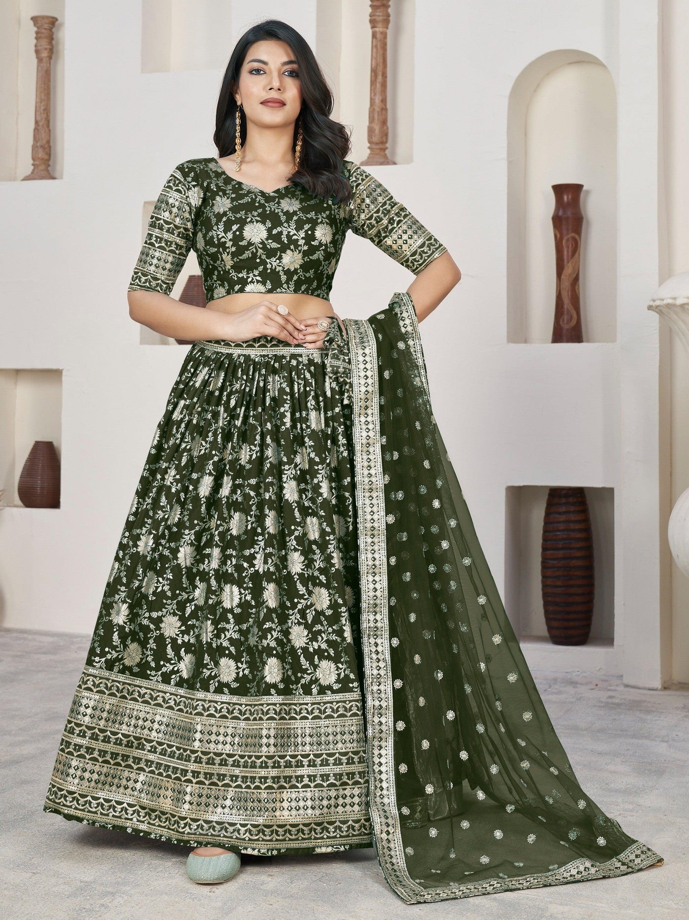 Astonishing Olive Green Zari Embroidered Jacquard Lehenga Choli