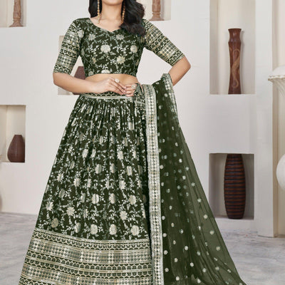 Astonishing Olive Green Zari Embroidered Jacquard Lehenga Choli