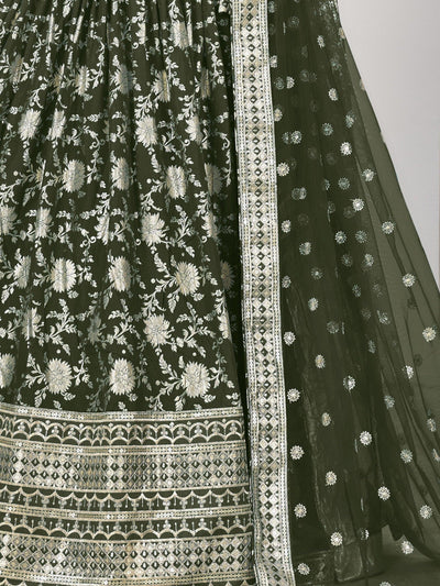 Astonishing Olive Green Zari Embroidered Jacquard Lehenga Choli