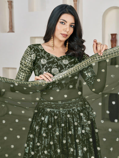 Astonishing Olive Green Zari Embroidered Jacquard Lehenga Choli