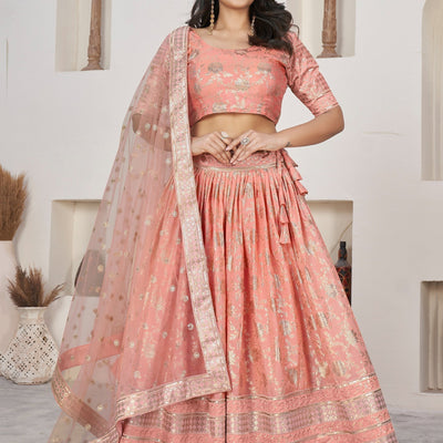 Fantastical Peach Zari Work Jacquard Bridesmaid Lehenga Choli