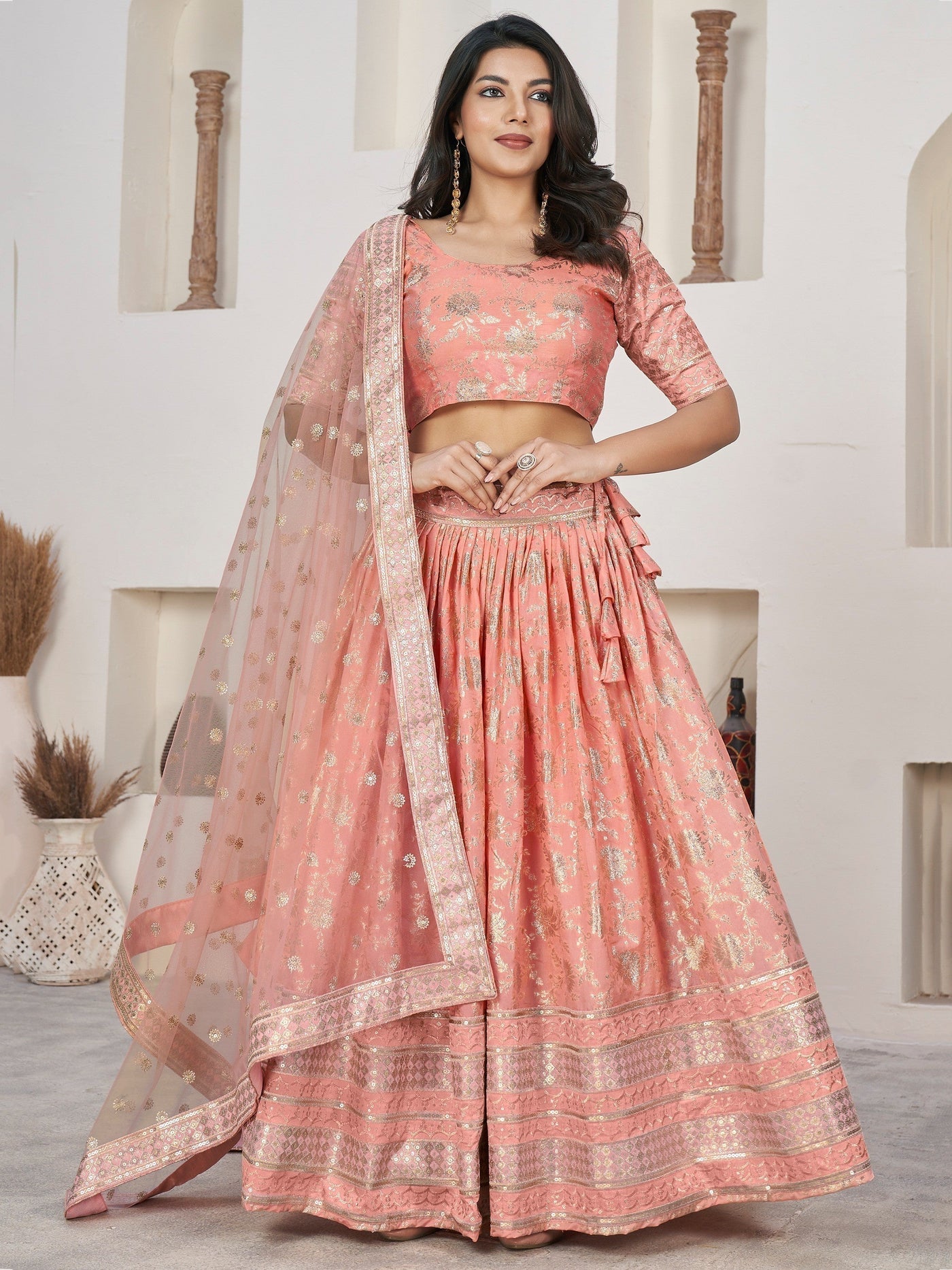 Fantastical Peach Zari Work Jacquard Bridesmaid Lehenga Choli