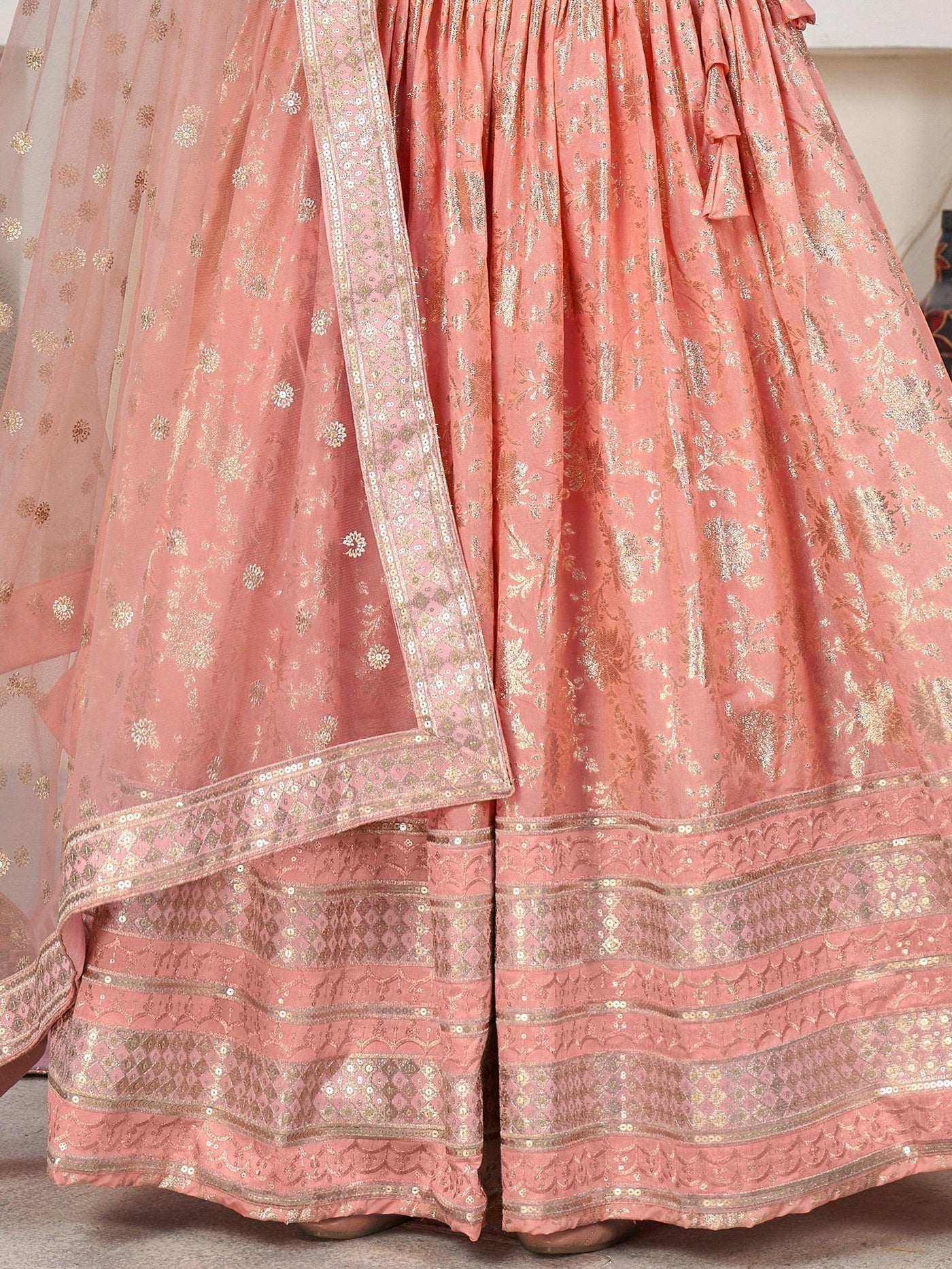 Fantastical Peach Zari Work Jacquard Bridesmaid Lehenga Choli