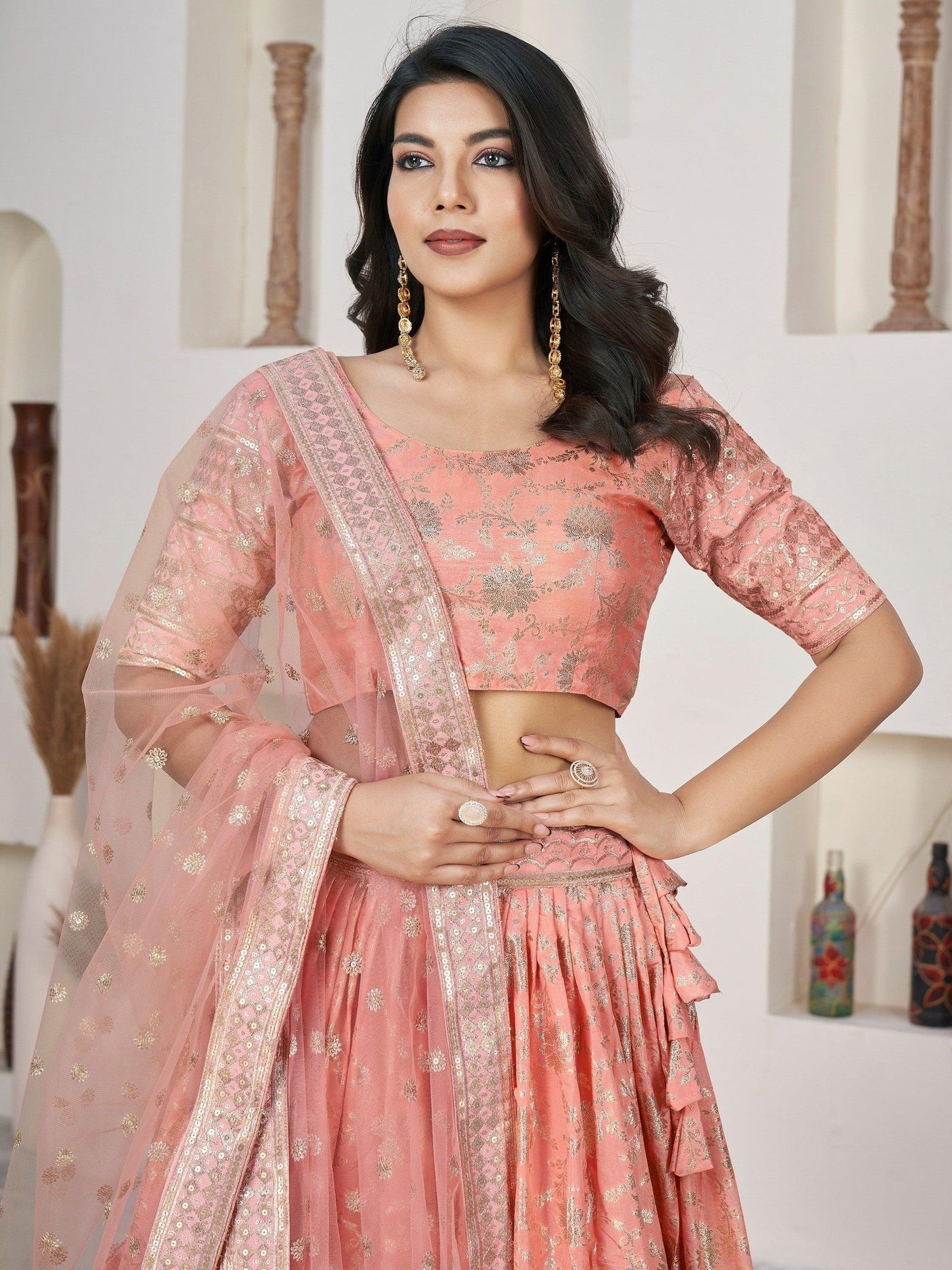 Fantastical Peach Zari Work Jacquard Bridesmaid Lehenga Choli