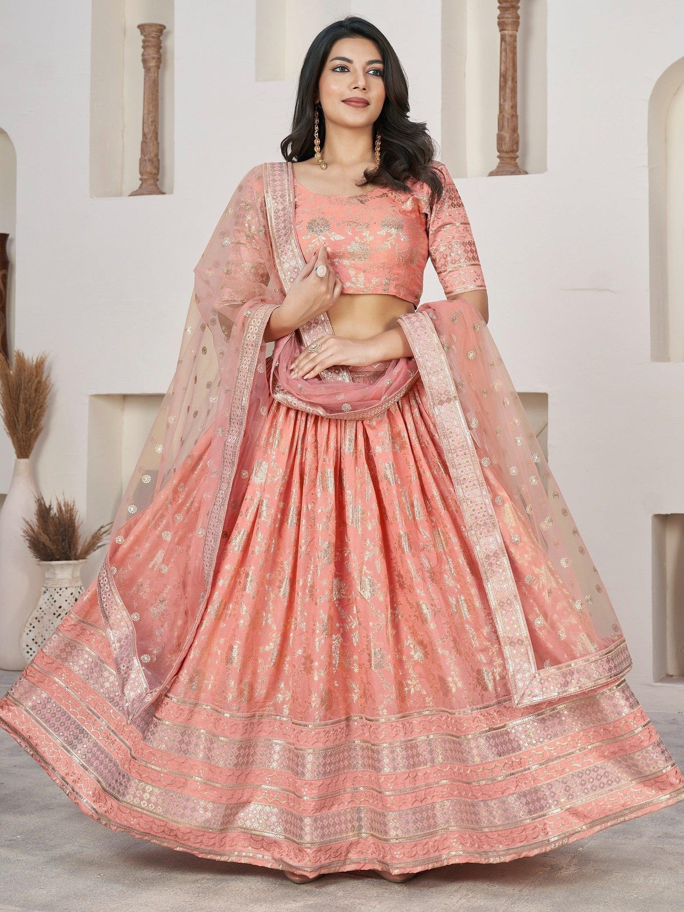 Fantastical Peach Zari Work Jacquard Bridesmaid Lehenga Choli