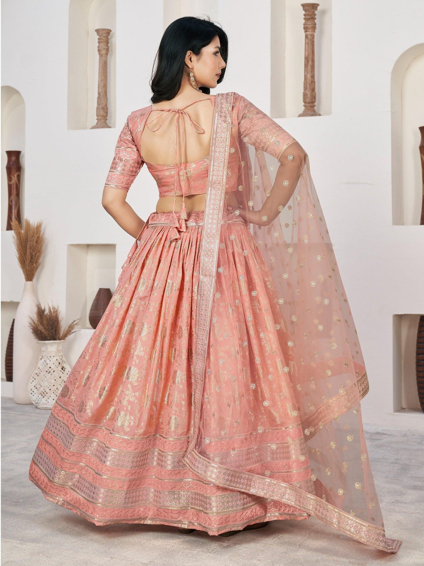 Fantastical Peach Zari Work Jacquard Bridesmaid Lehenga Choli