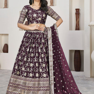 Awesome Wine Zari Work Jacquard Lehenga Choli With Dupatta