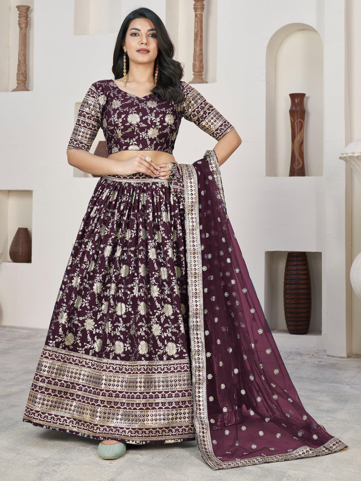 Awesome Wine Zari Work Jacquard Lehenga Choli With Dupatta