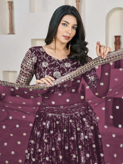 Awesome Wine Zari Work Jacquard Lehenga Choli With Dupatta