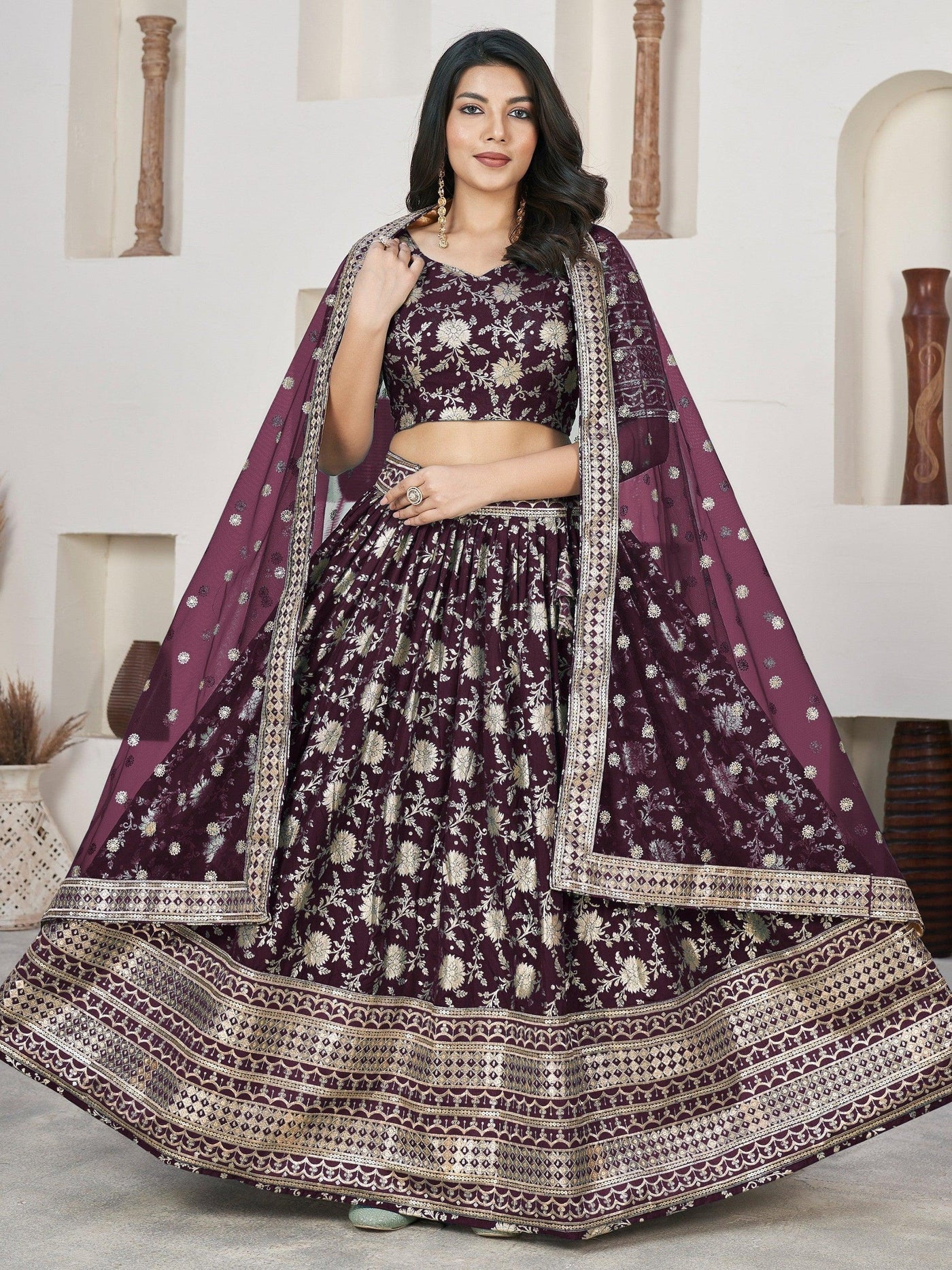 Awesome Wine Zari Work Jacquard Lehenga Choli With Dupatta