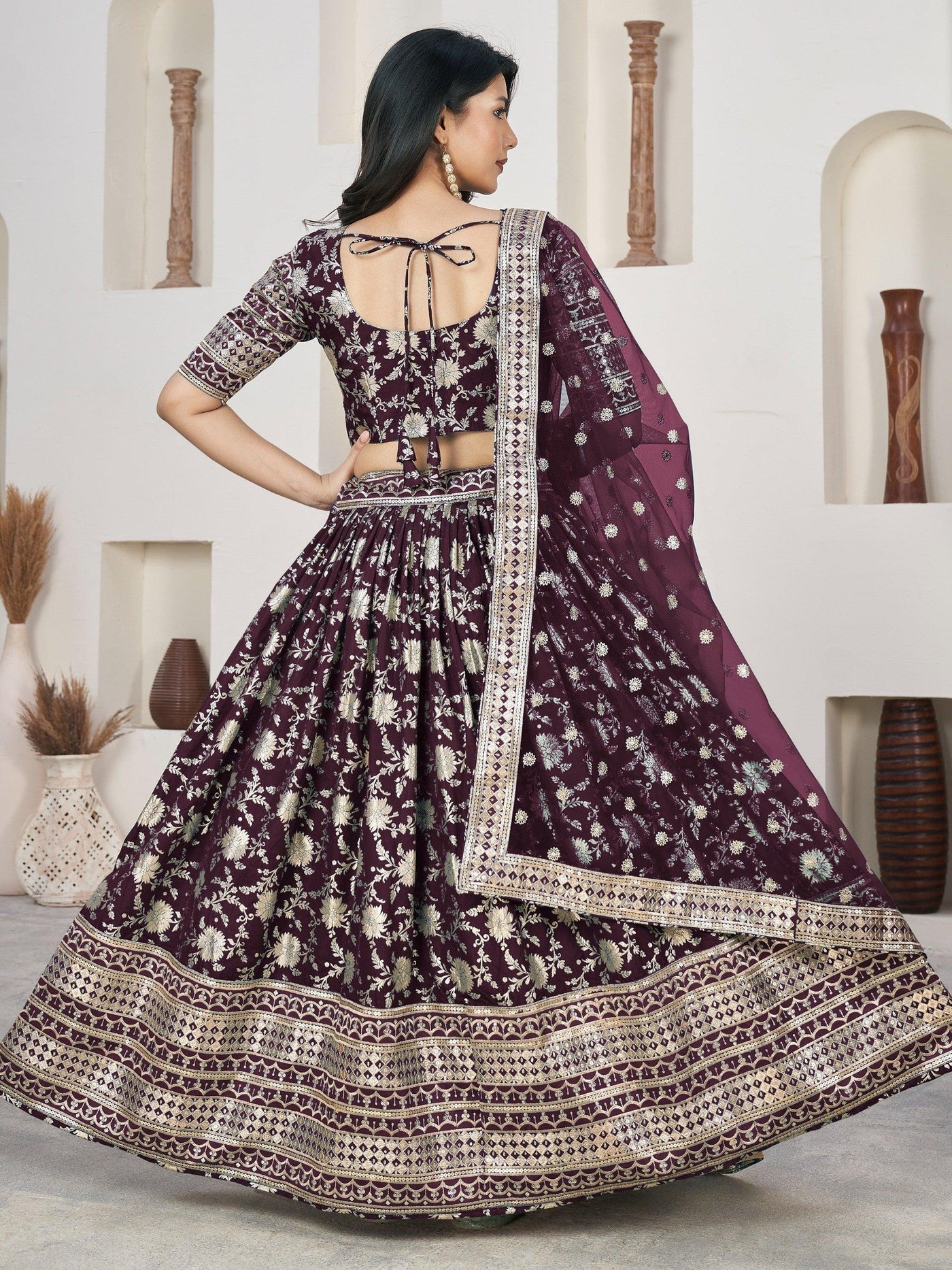 Awesome Wine Zari Work Jacquard Lehenga Choli With Dupatta