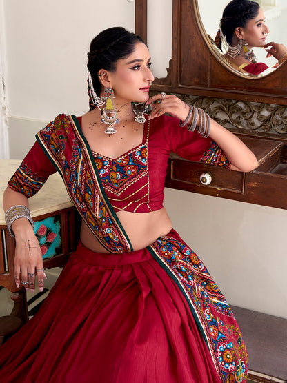 Red Color Gamthi Print And Embossed Design Tussar Silk Lehenga Choli