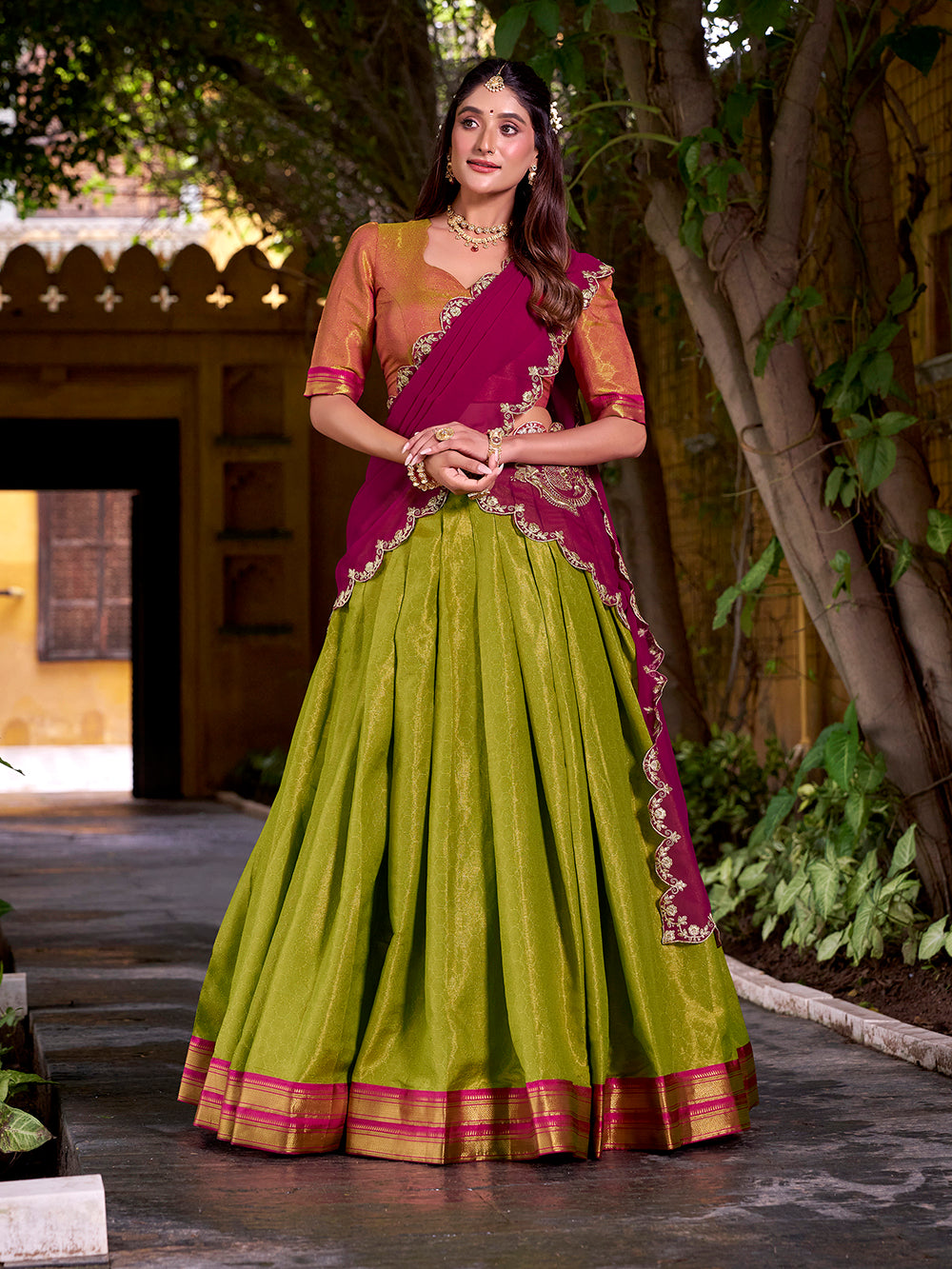 Rani Pink Color Sequince And Thread Embroidery Work Kanchipuram Lehenga Choli