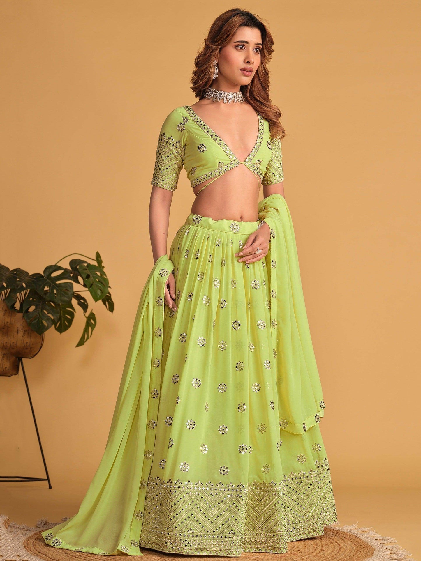 Ravished Lime Green Embroidered Georgette Traditional Lehenga Choli - Zeel Clothing