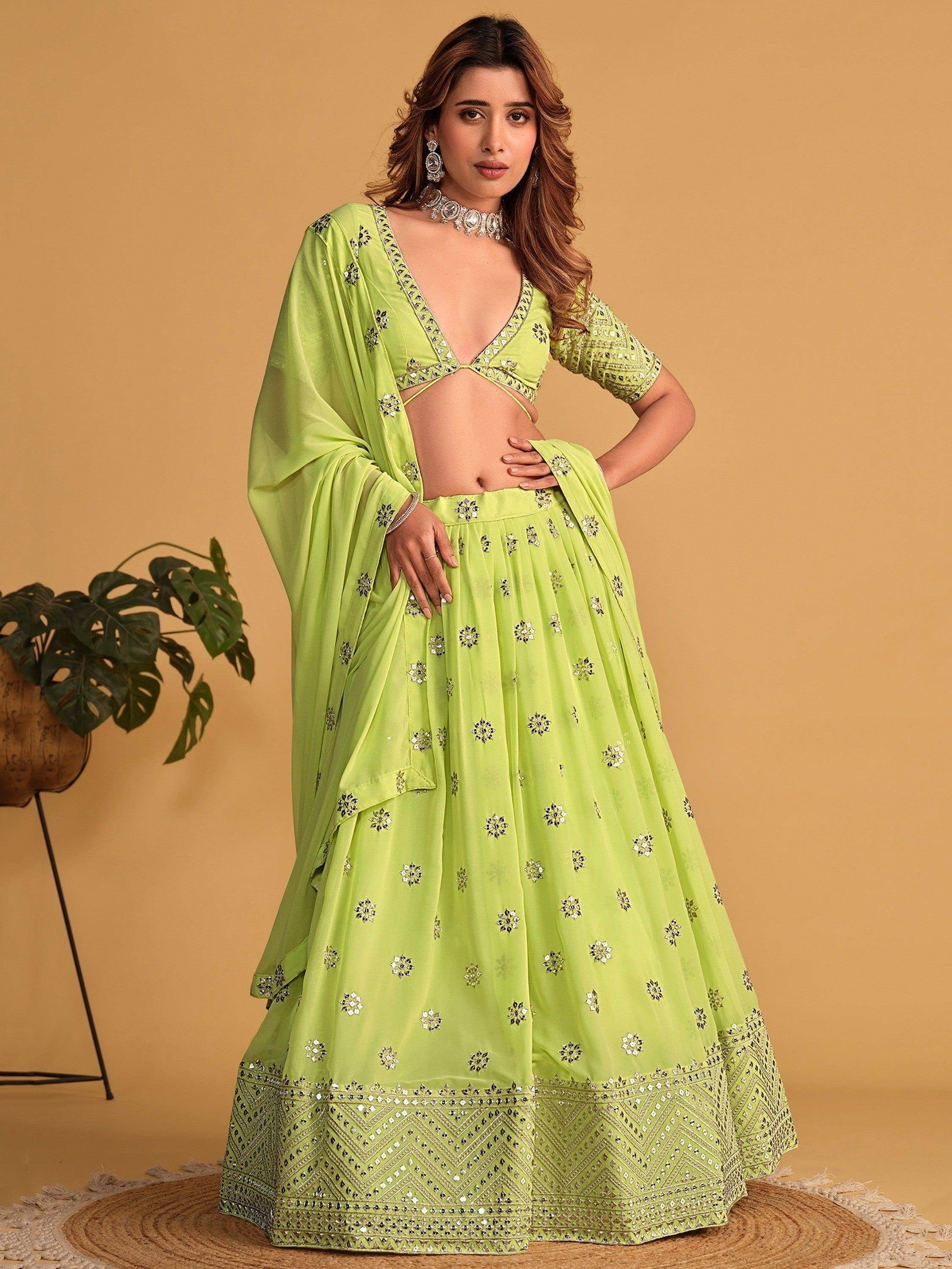 Ravished Lime Green Embroidered Georgette Traditional Lehenga Choli - Zeel Clothing